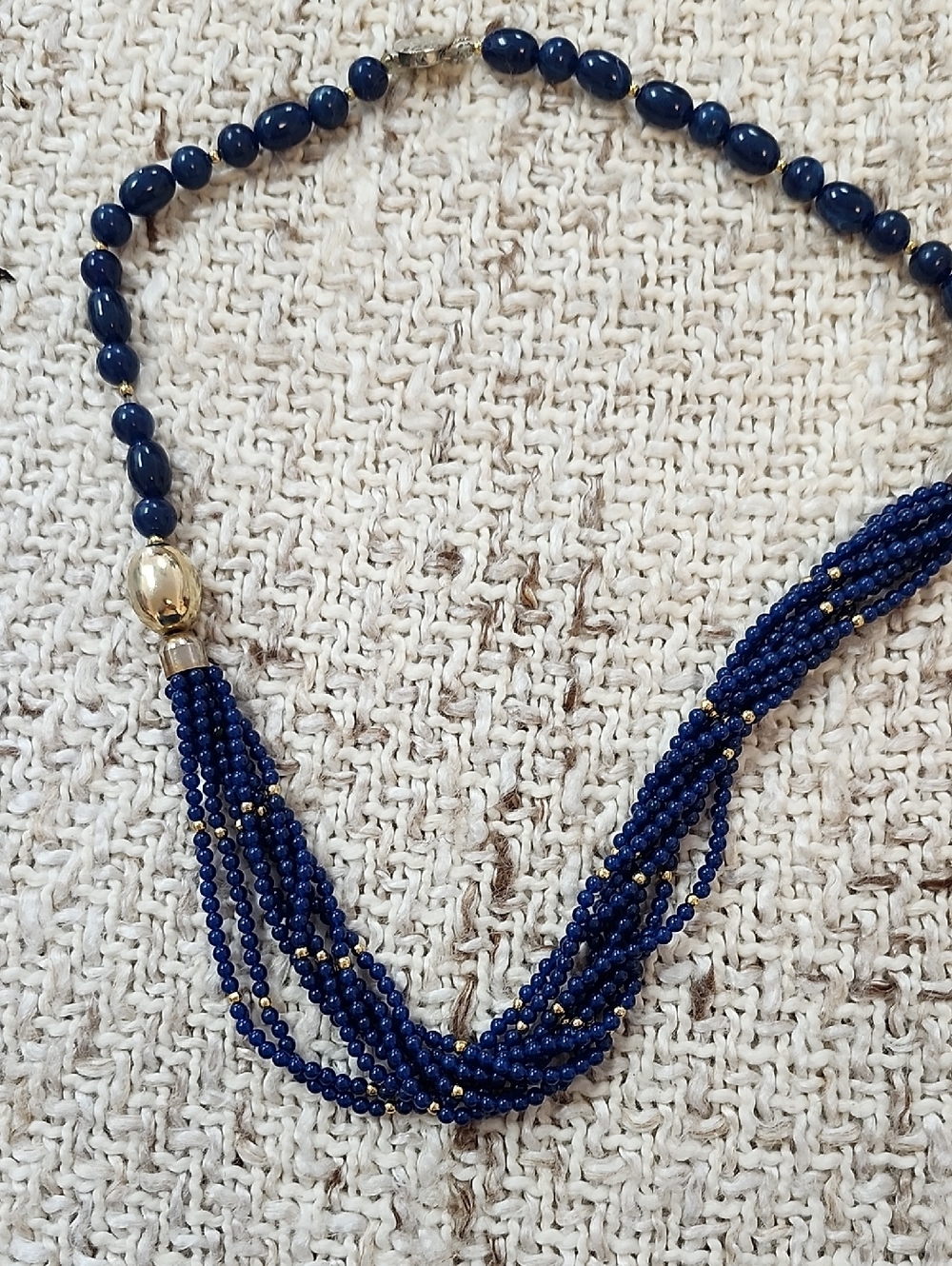 ✨ Vintage Navy & Gold Hand-Knotted Statement Necklace ✨